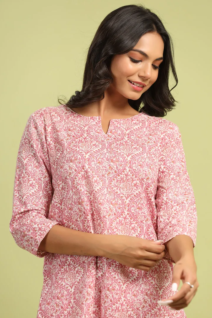 Pink Jharokha’s on White Cotton Palazzo Loungewear Set