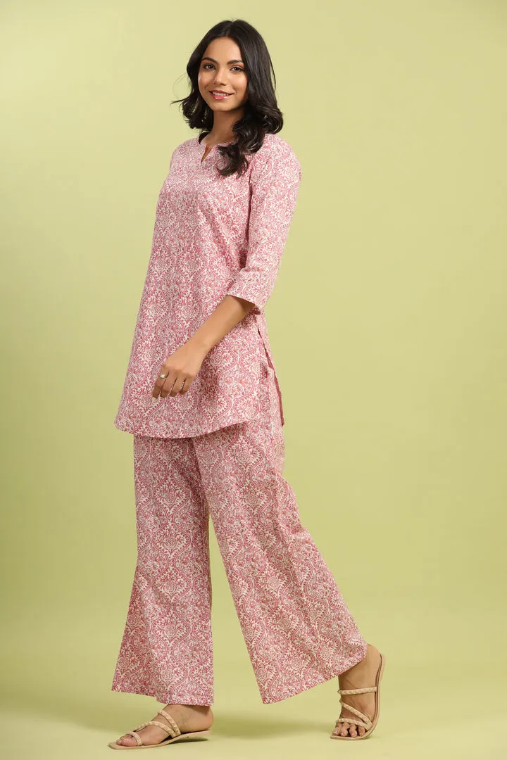 Pink Jharokha’s on White Cotton Palazzo Loungewear Set