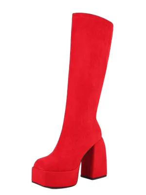 Platform Knee High Suede Stretch Boots Sqaure Toe Chunky Heels