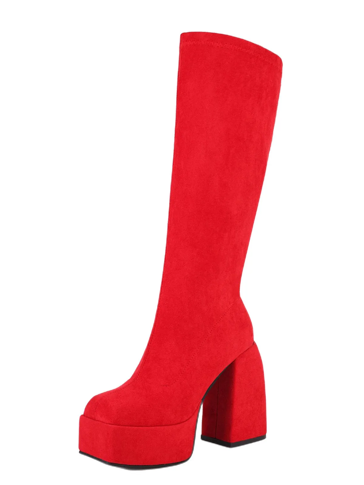 Platform Knee High Suede Stretch Boots Sqaure Toe Chunky Heels