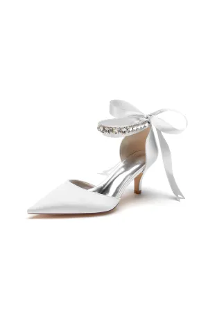 Pointed Toe Ribbons Kitten Heels With Diamond