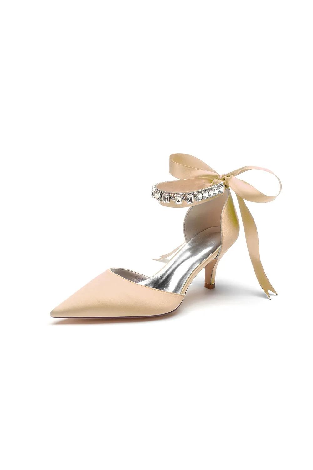 Pointed Toe Ribbons Kitten Heels With Diamond