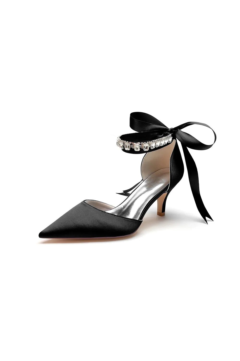 Pointed Toe Ribbons Kitten Heels With Diamond