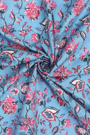 Pure Cotton Indigo Blue Chintz Floral Hand Block Printed Fabric