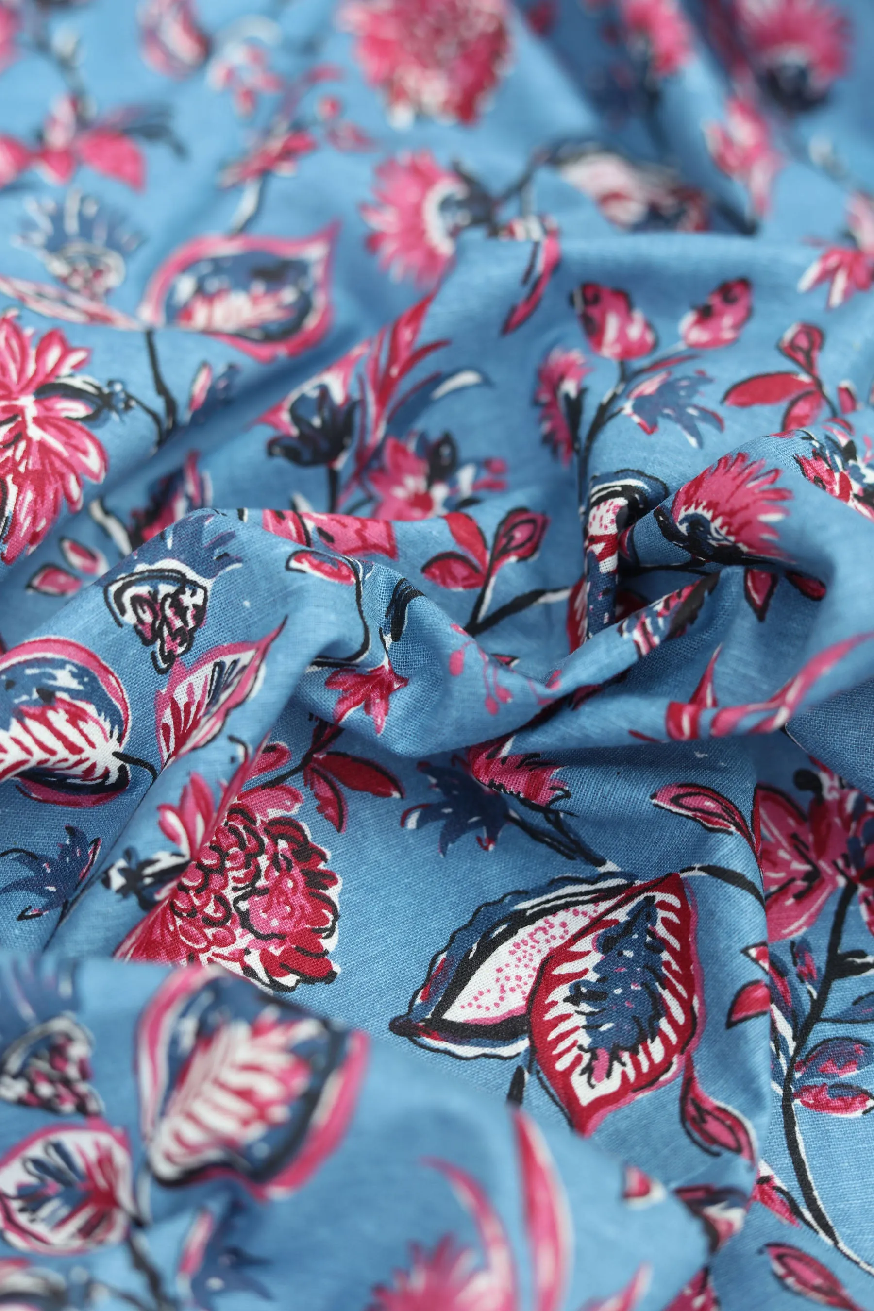 Pure Cotton Indigo Blue Chintz Floral Hand Block Printed Fabric