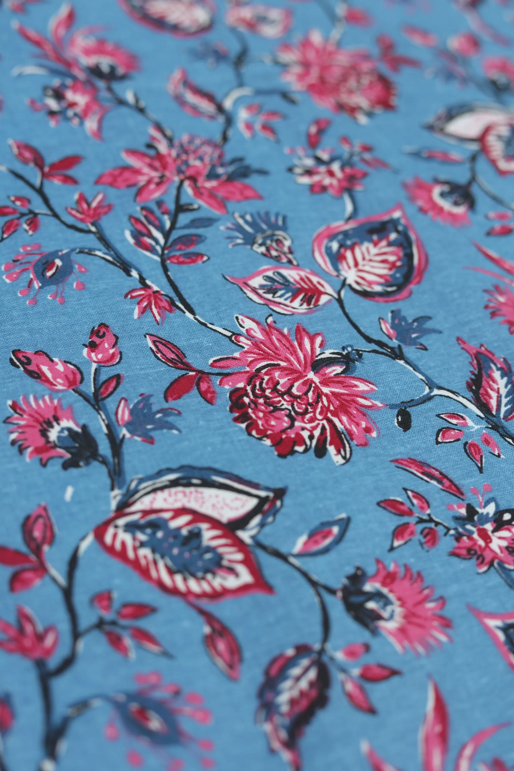 Pure Cotton Indigo Blue Chintz Floral Hand Block Printed Fabric