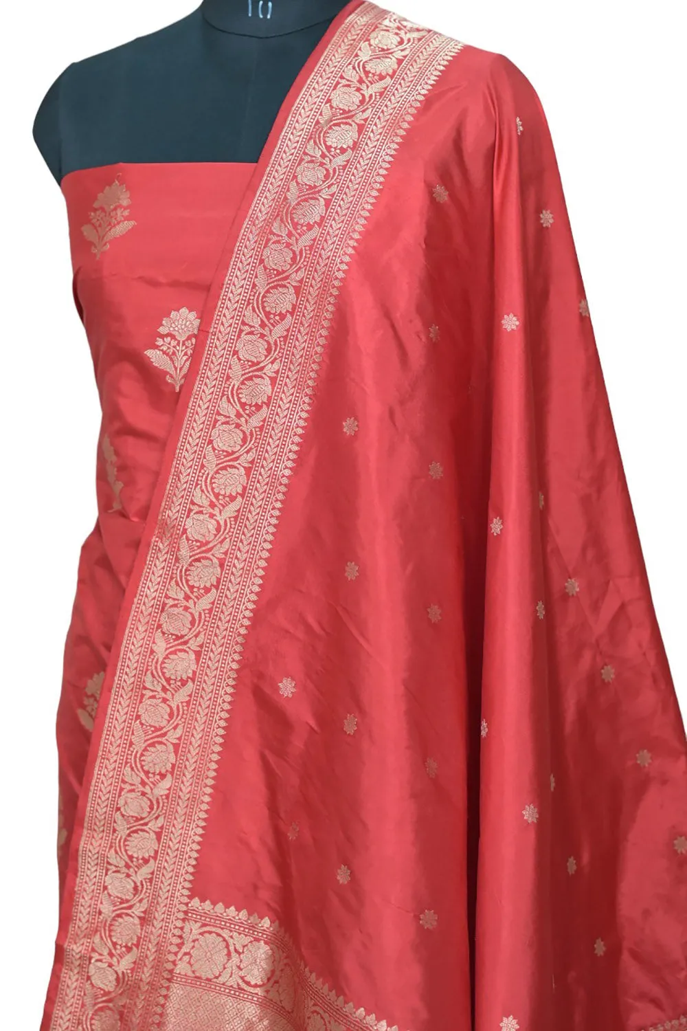 Pure Katan Silk Red Banarasi Handloom Suit Set - Unstitched 3-Piece