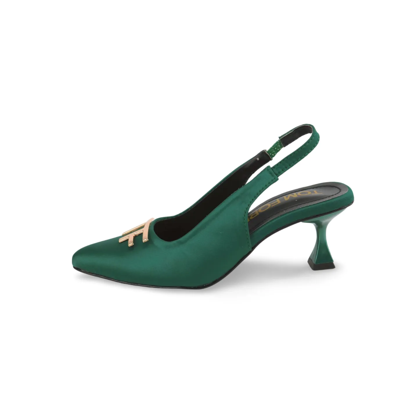 Purple and Green Satin Slingback Heels with Gold T-Logo Buckle