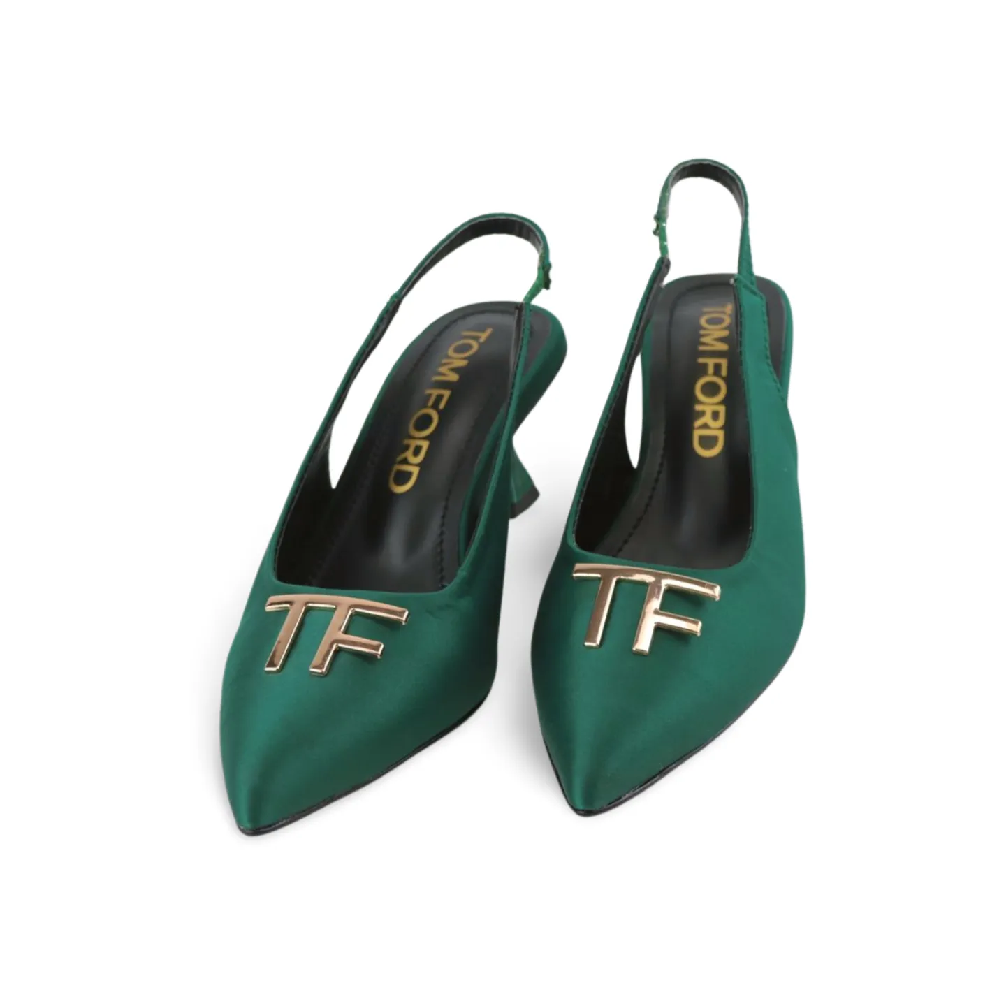 Purple and Green Satin Slingback Heels with Gold T-Logo Buckle