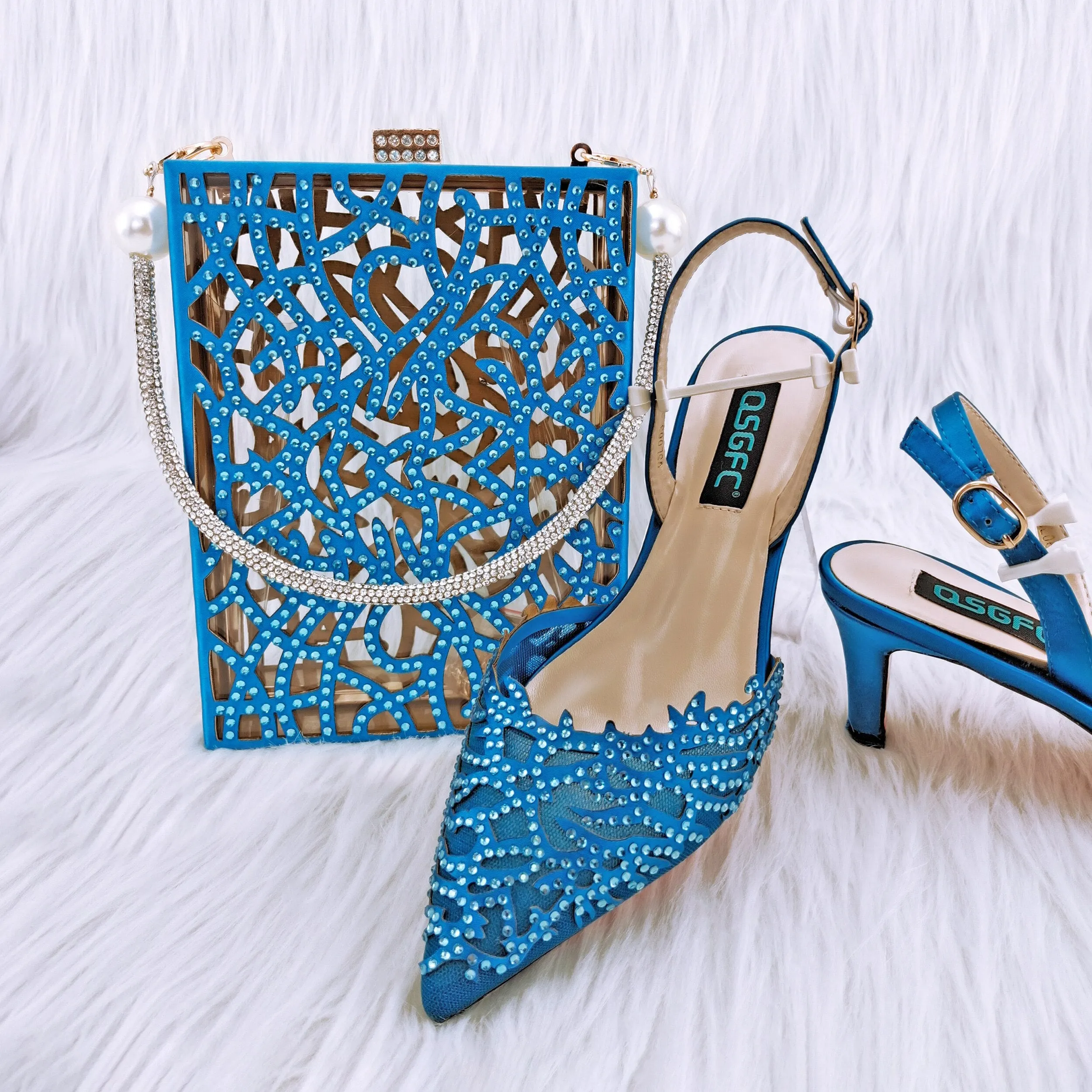 QSGFC New Fashionable And Beautiful Sky Blue Mesh With Coral Pattern Hollow Design Trendy Party Ladies Shoes And Bag