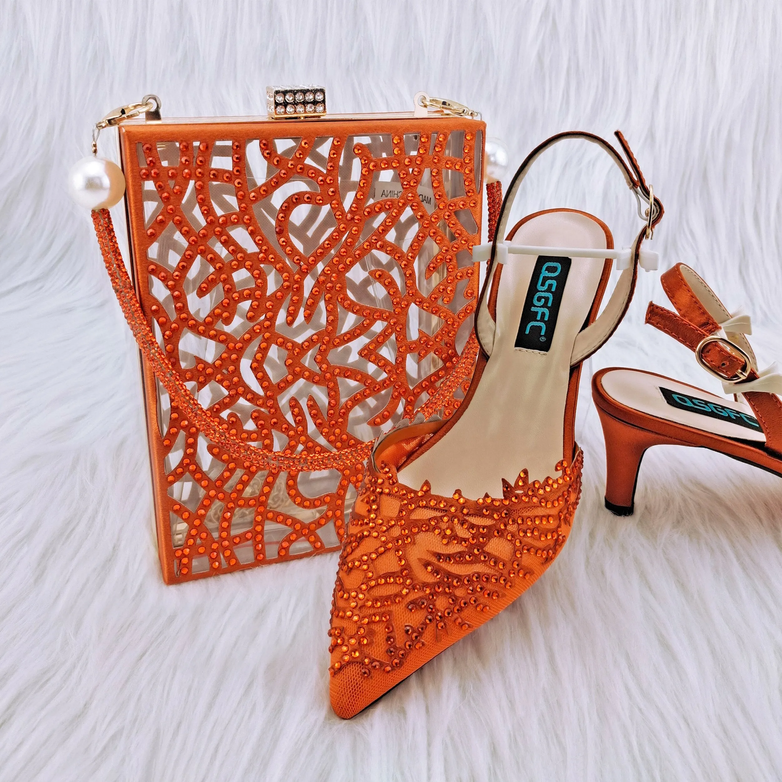 QSGFC New Fashionable And Beautiful Sky Blue Mesh With Coral Pattern Hollow Design Trendy Party Ladies Shoes And Bag