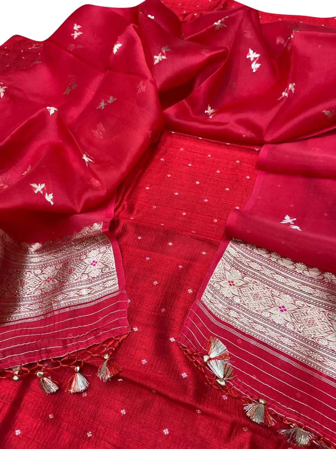 Red Banarasi Silk Suit Set with Organza Dupatta