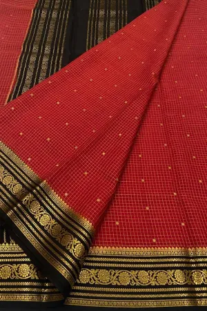 Red Handloom Mysore Crepe Silk Checks Saree