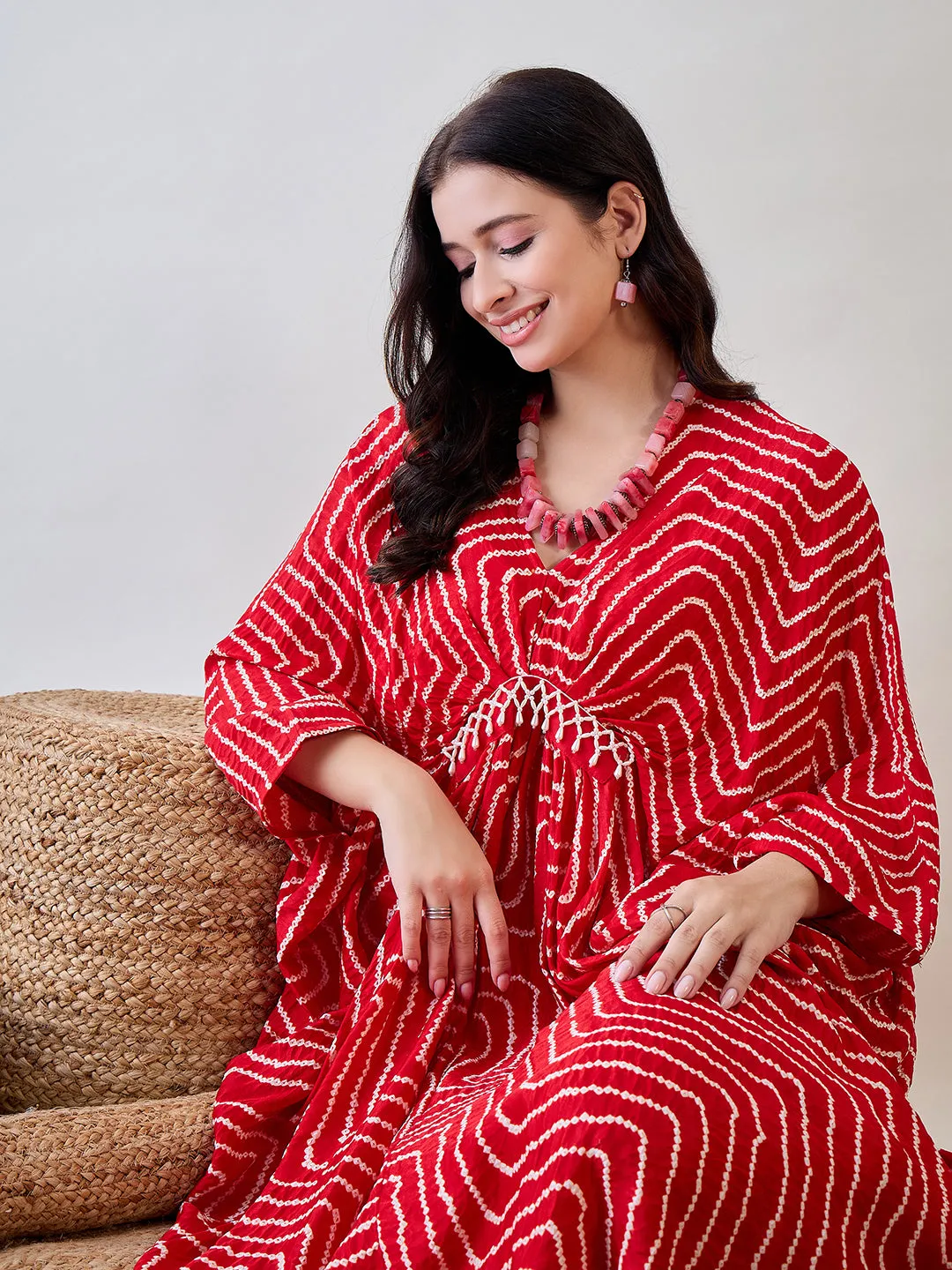 Red Pure Silk Freesize Bandhani Kaftan with Pearls