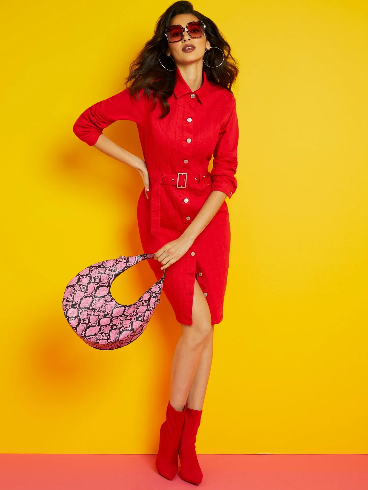 Red Seamed Button-Down Dress