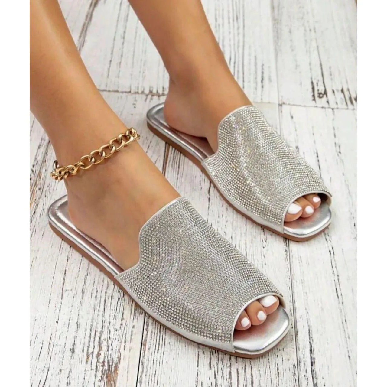 Rhinestone Embellished Peep Toe Flat Shoes.