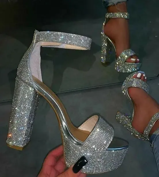 Rhinestone Sequin Chunky High Heel