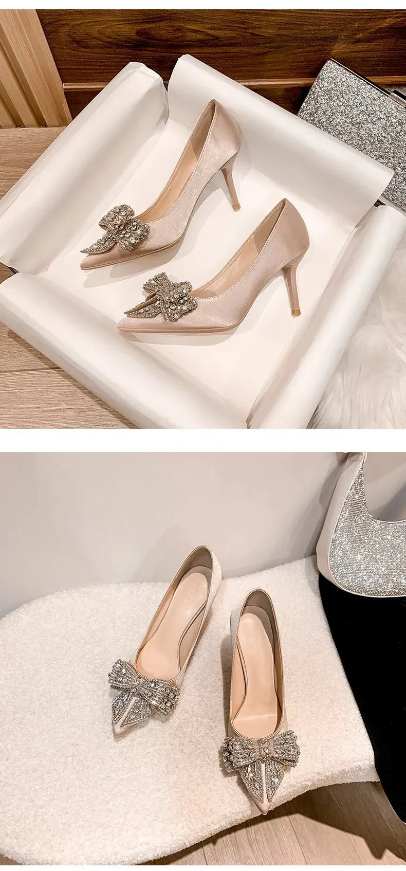 Satin Bow Knot Crystal High Heels