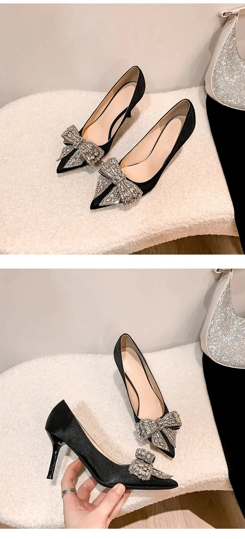 Satin Bow Knot Crystal High Heels