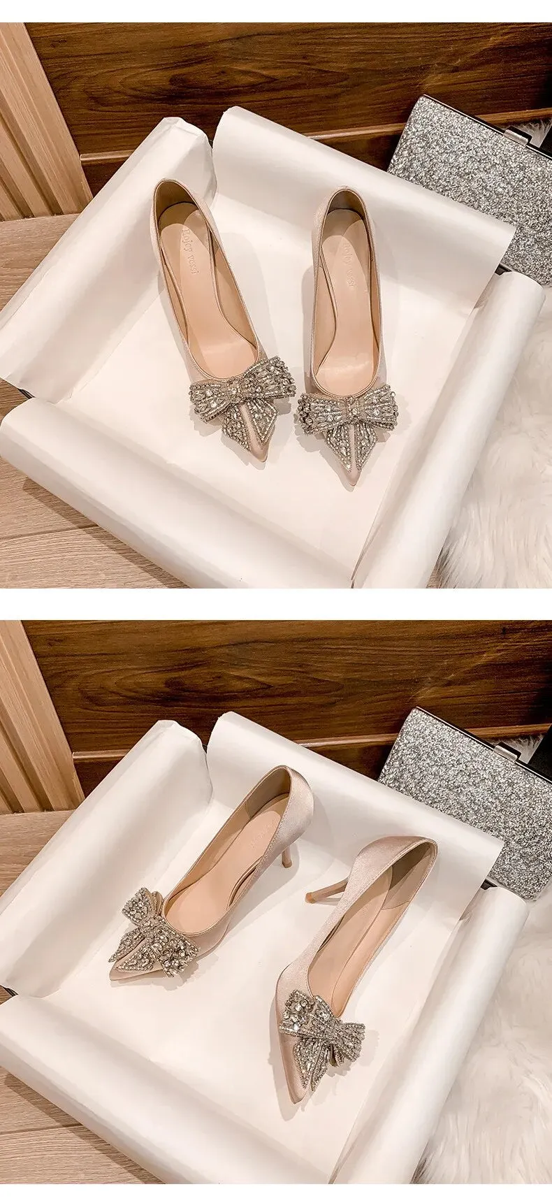 Satin Bow Knot Crystal High Heels