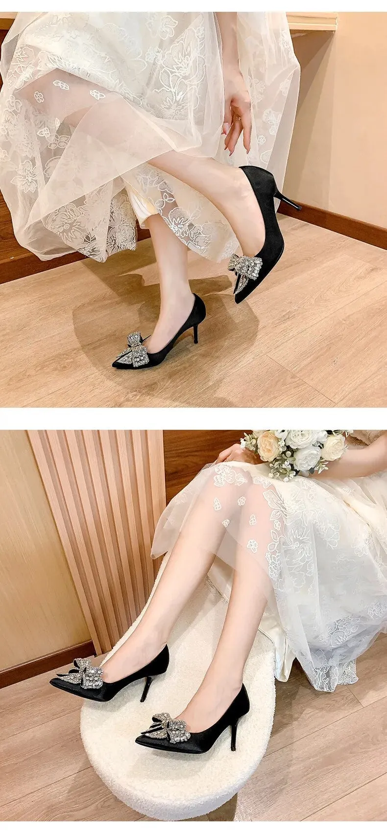 Satin Bow Knot Crystal High Heels