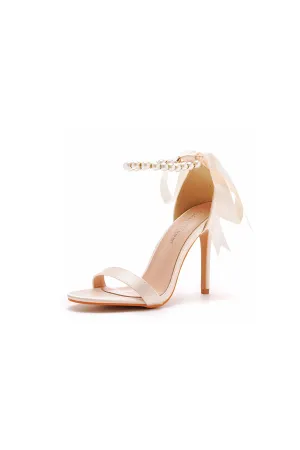 Satin Pearl Open Toe Ankle Strap High Heels