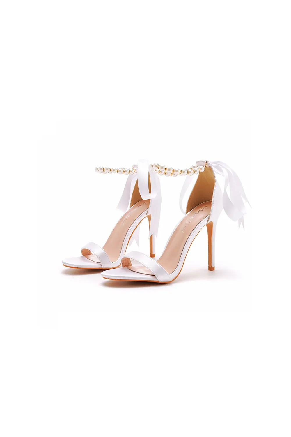 Satin Pearl Open Toe Ankle Strap High Heels