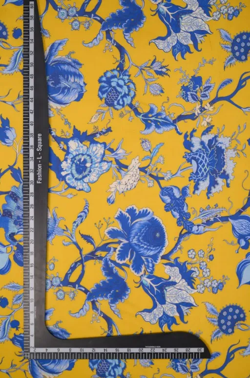 Shock Yellow Regal Floral Motif Pattern Printed Natural Muslin Silk Fabric