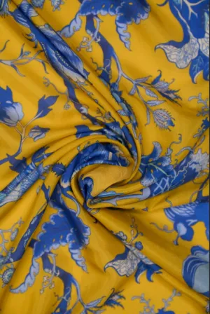 Shock Yellow Regal Floral Motif Pattern Printed Natural Muslin Silk Fabric