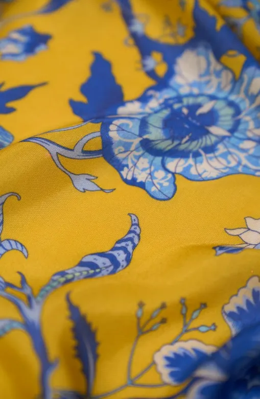 Shock Yellow Regal Floral Motif Pattern Printed Natural Muslin Silk Fabric