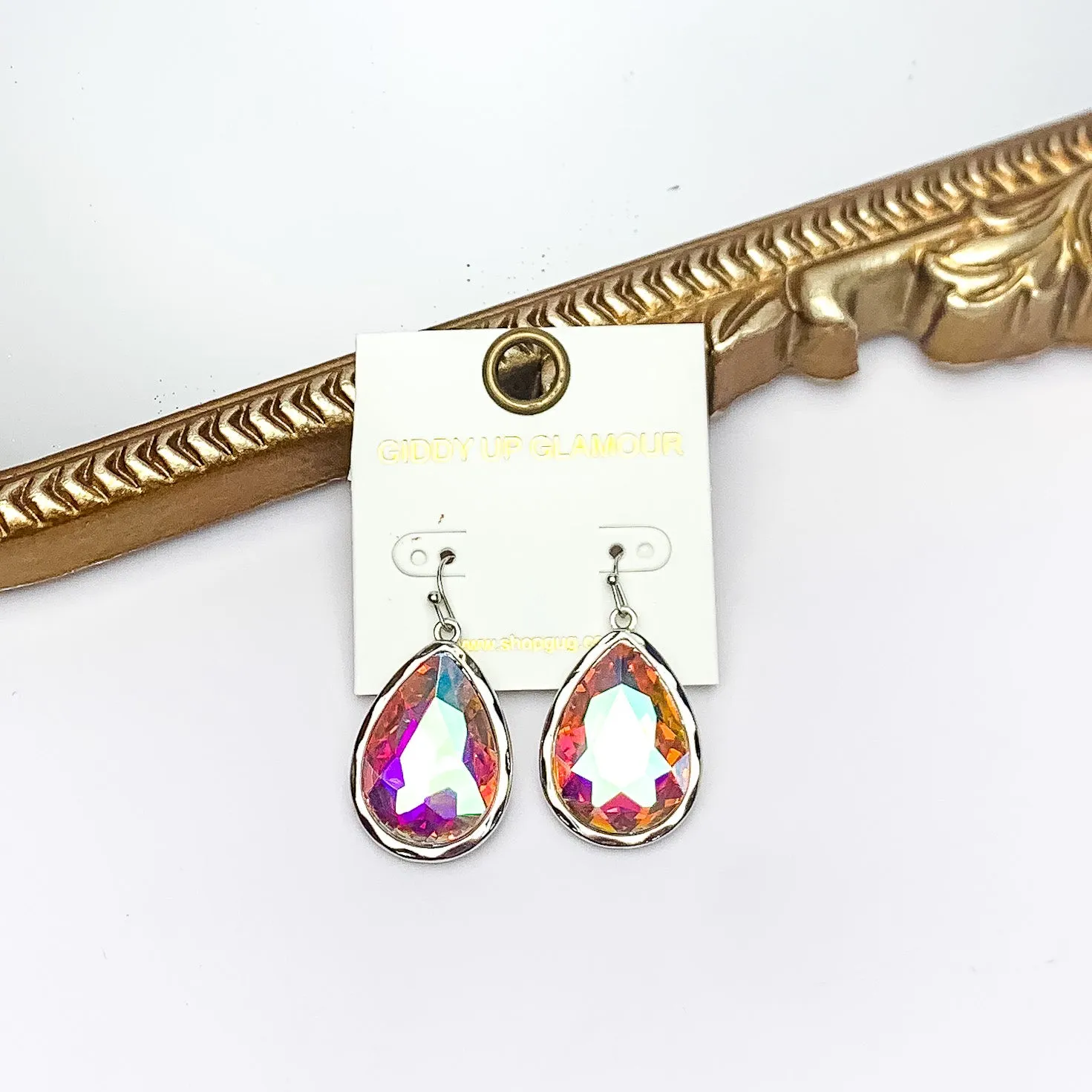 Silver Tone Large Teardrop Earrings With AB Crystals