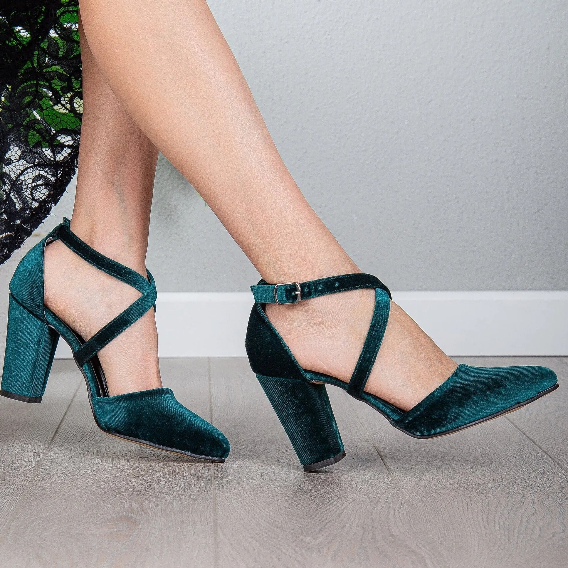 Sina - Emerald Green Velvet Criss Cross Heels