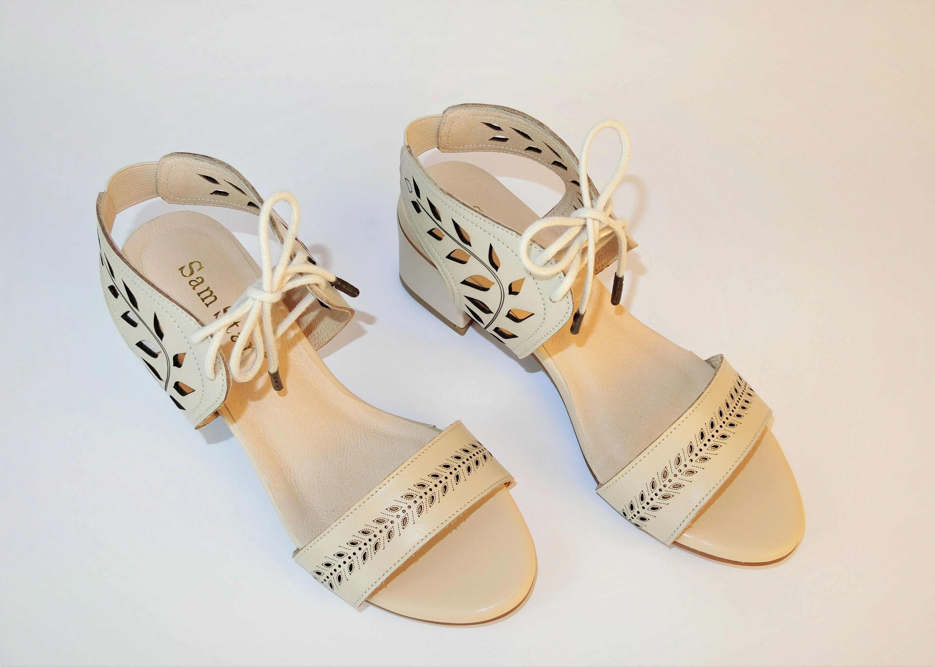 SS21002 Leather laser cut block heel sandals in Tan and Beige