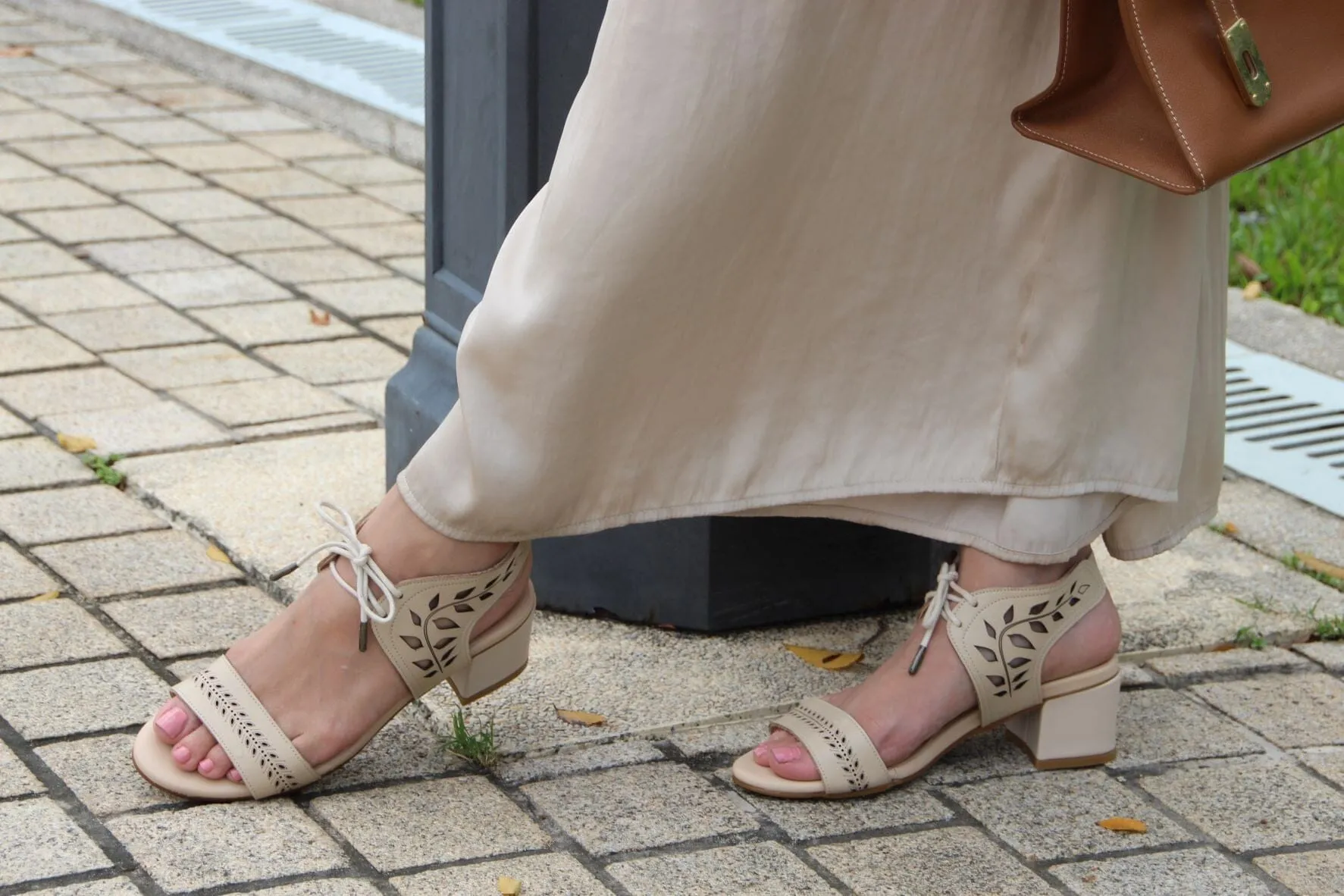 SS21002 Leather laser cut block heel sandals in Tan and Beige