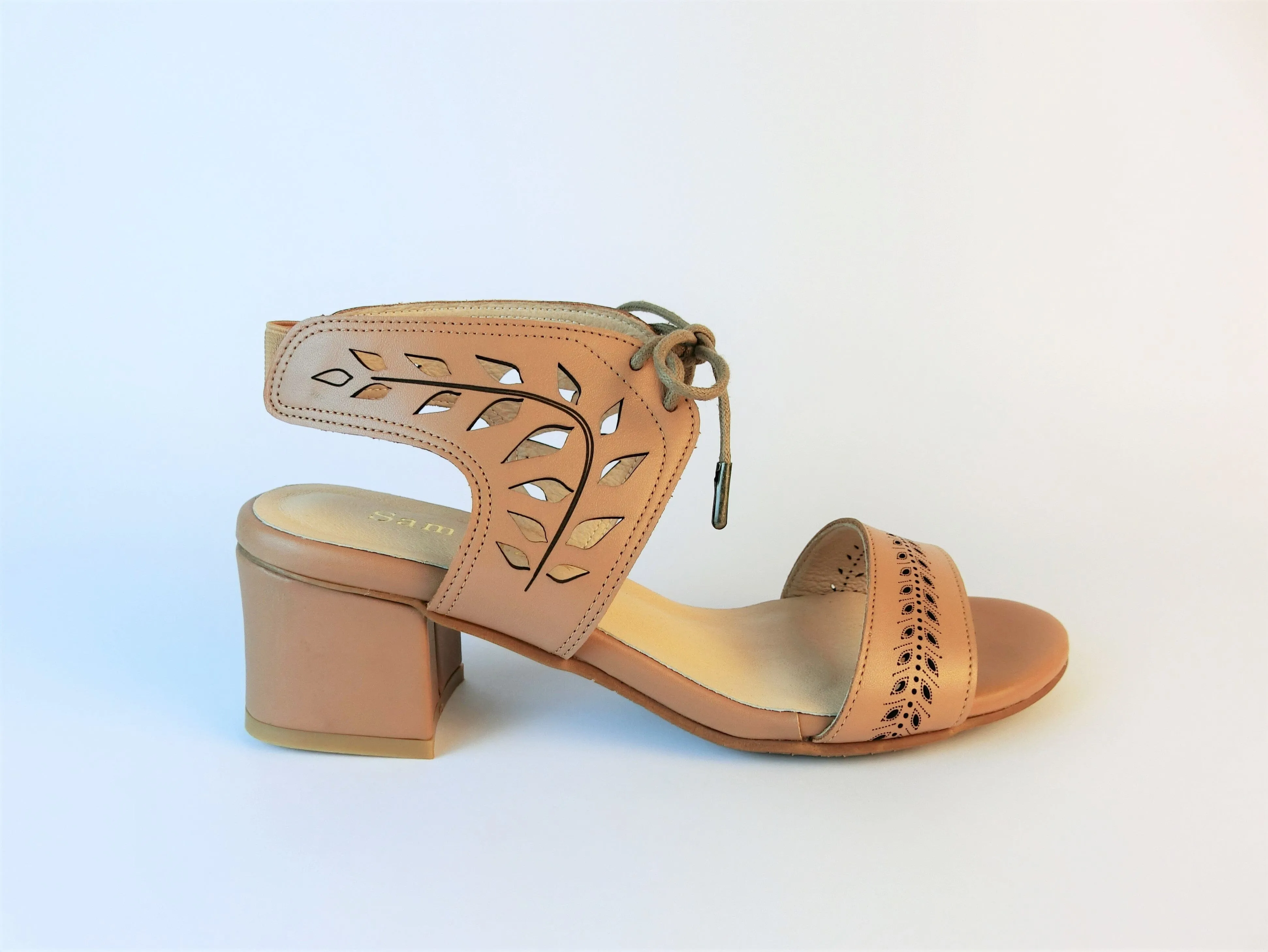 SS21002 Leather laser cut block heel sandals in Tan and Beige