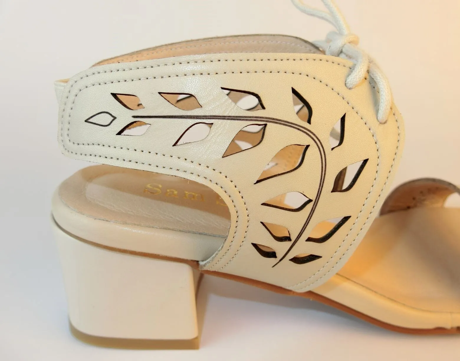 SS21002 Leather laser cut block heel sandals in Tan and Beige