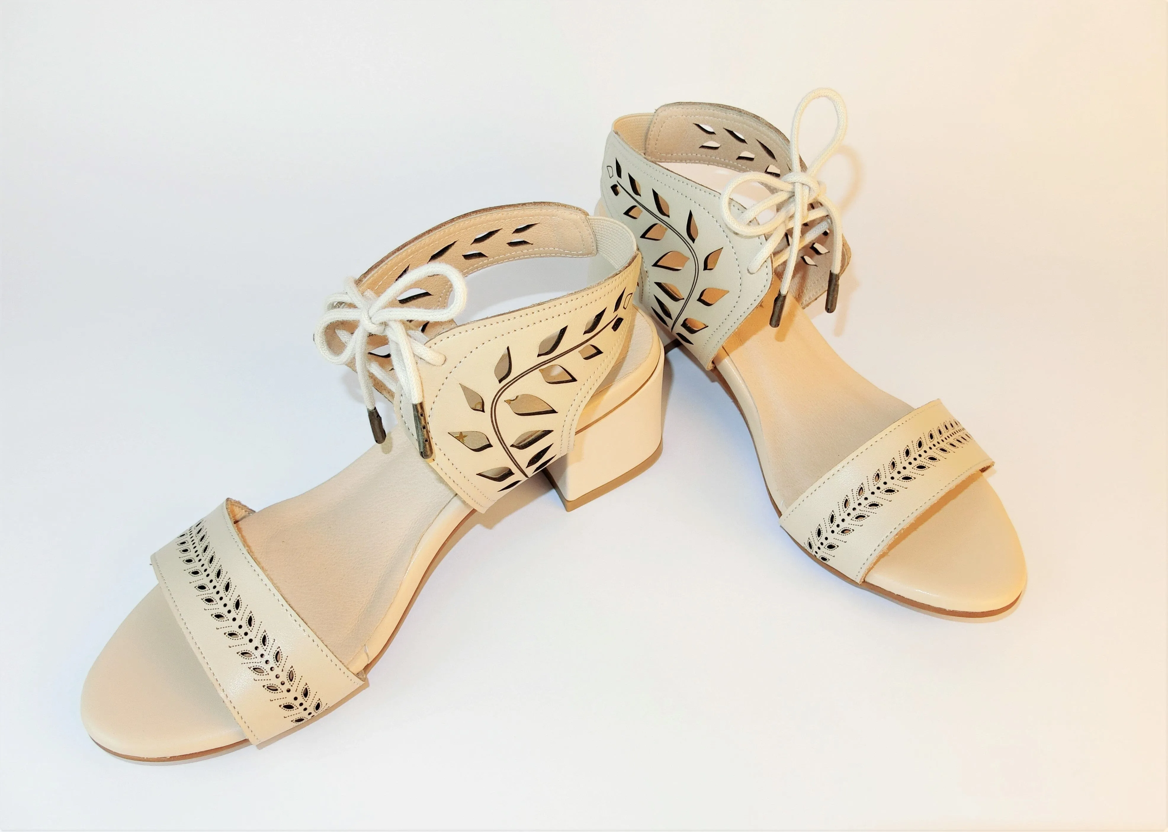 SS21002 Leather laser cut block heel sandals in Tan and Beige