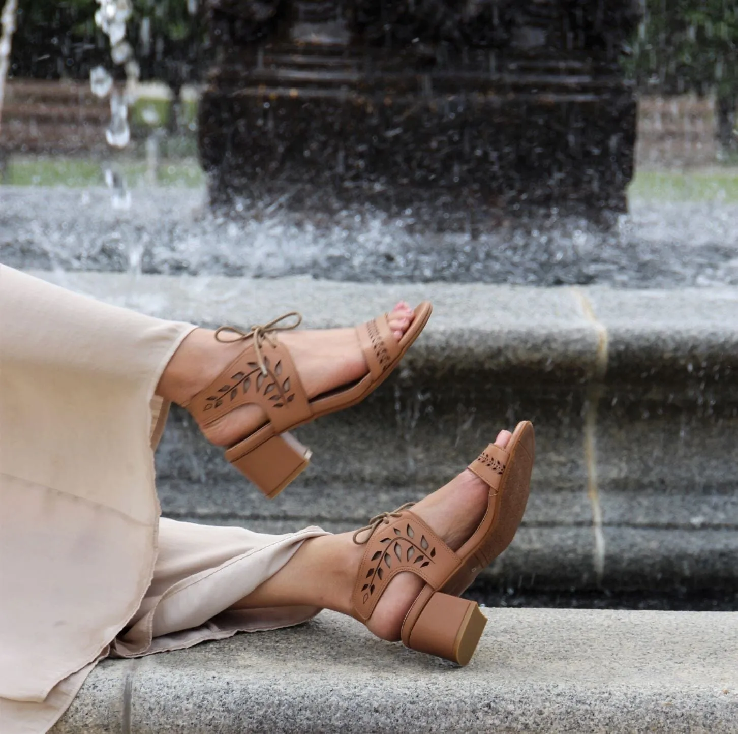 SS21002 Leather laser cut block heel sandals in Tan and Beige