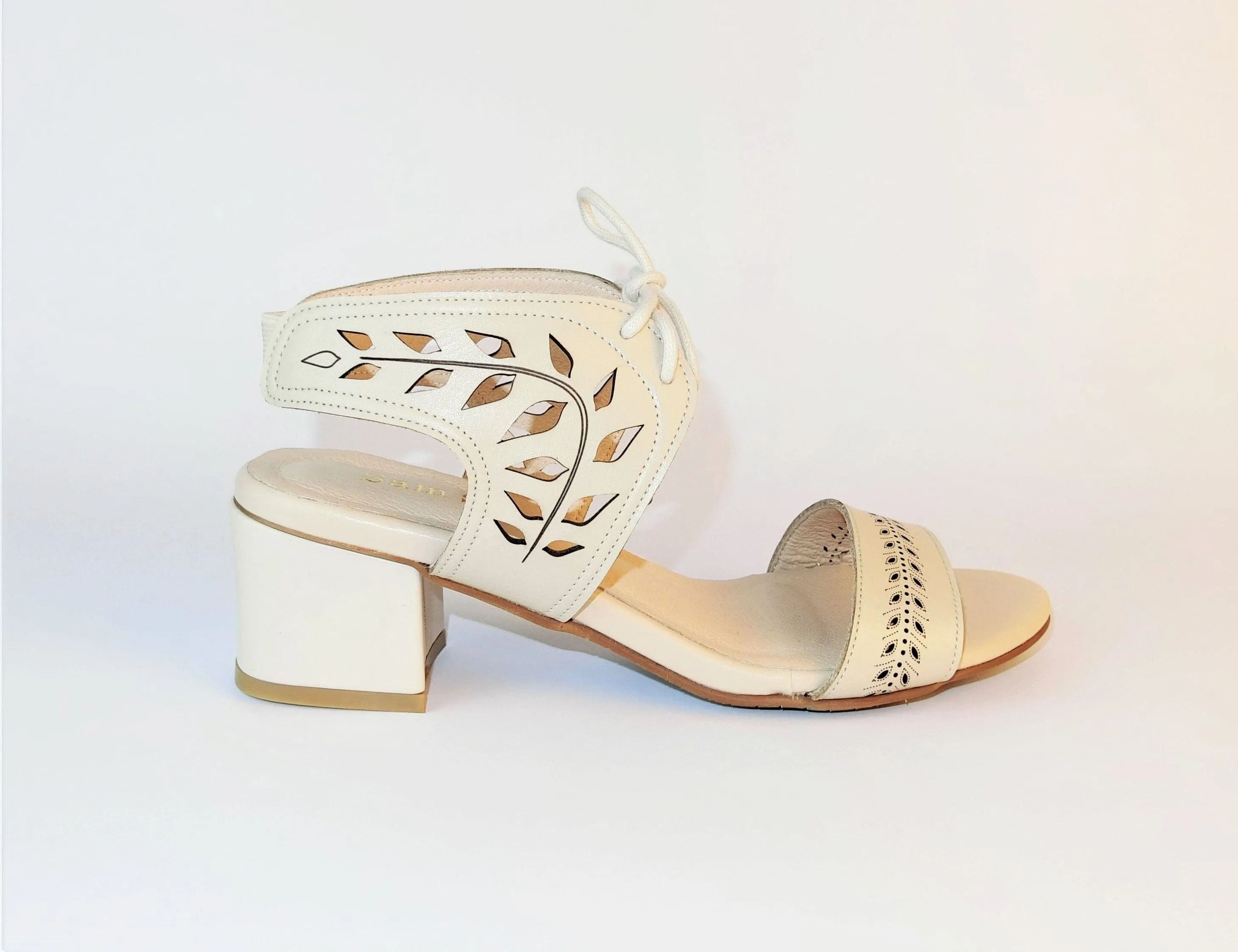 SS21002 Leather laser cut block heel sandals in Tan and Beige