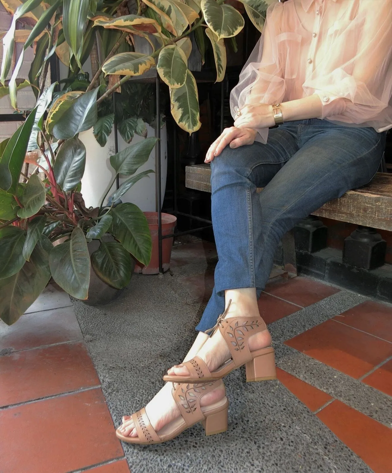 SS21002 Leather laser cut block heel sandals in Tan and Beige