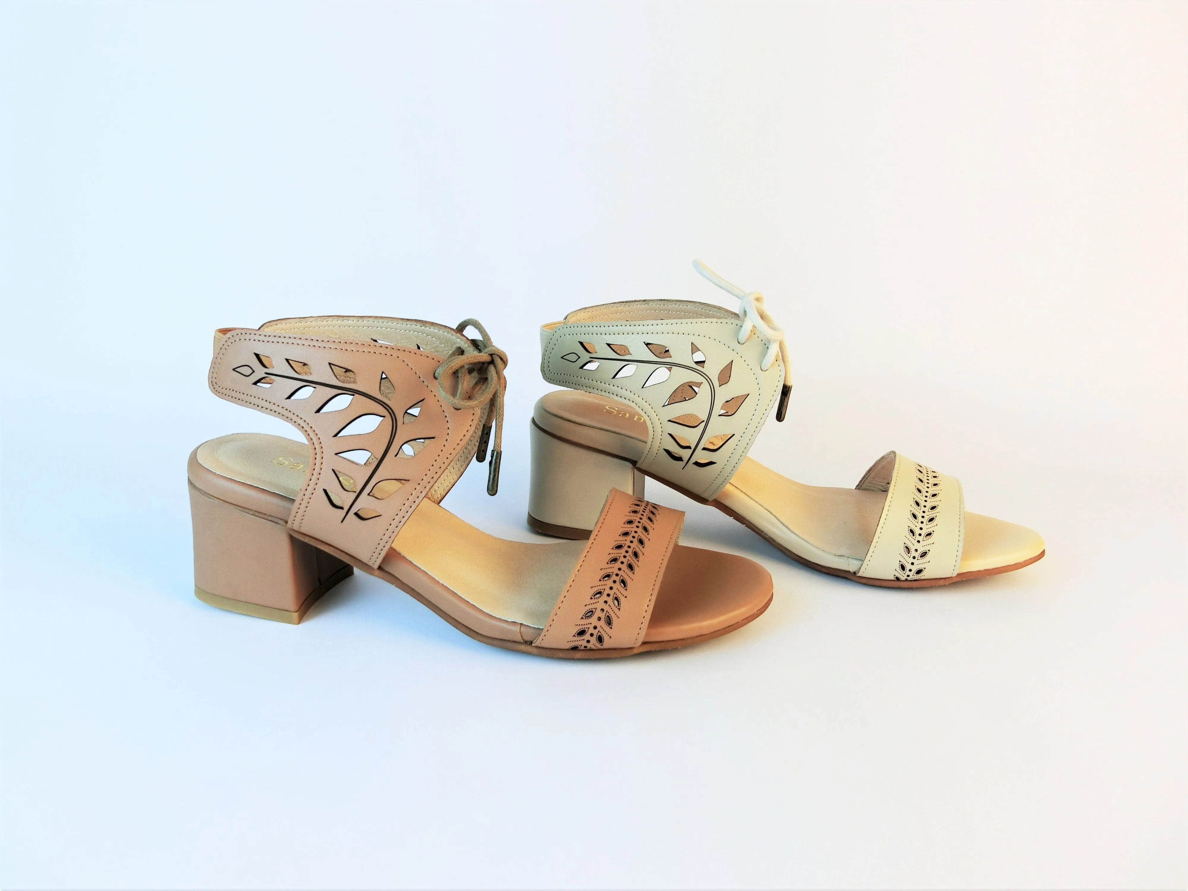 SS21002 Leather laser cut block heel sandals in Tan and Beige