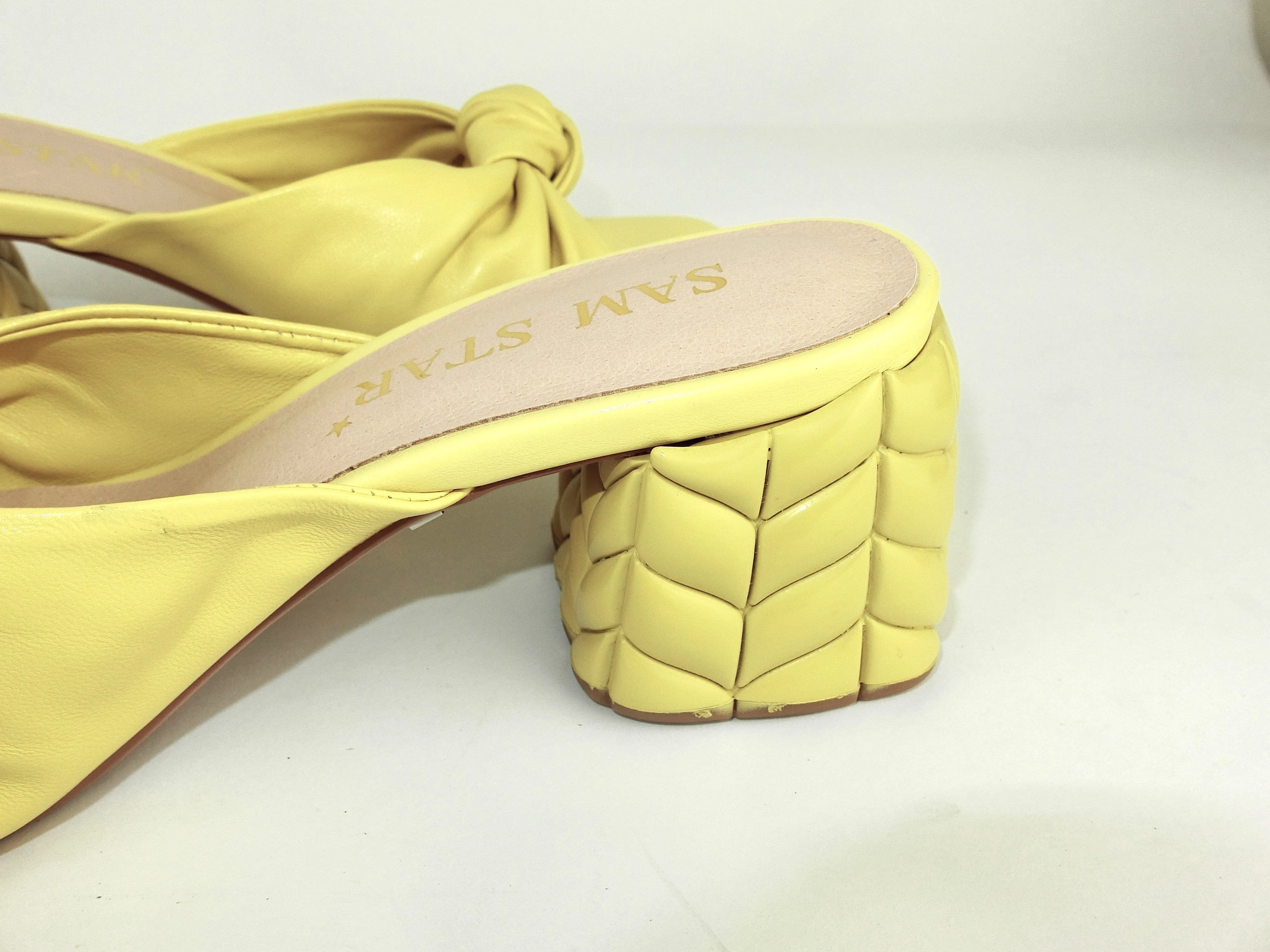 SS22014  Genuine leather bow tie block heel sandals in Yellow