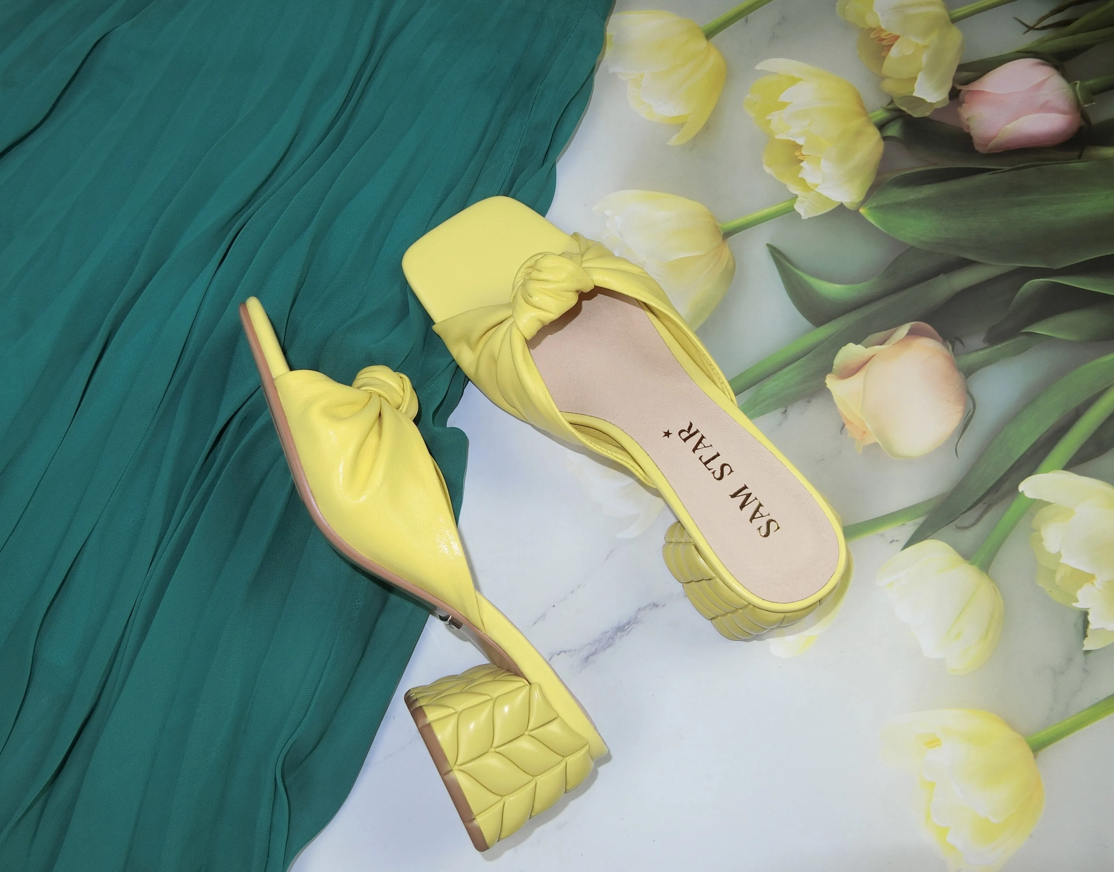 SS22014  Genuine leather bow tie block heel sandals in Yellow