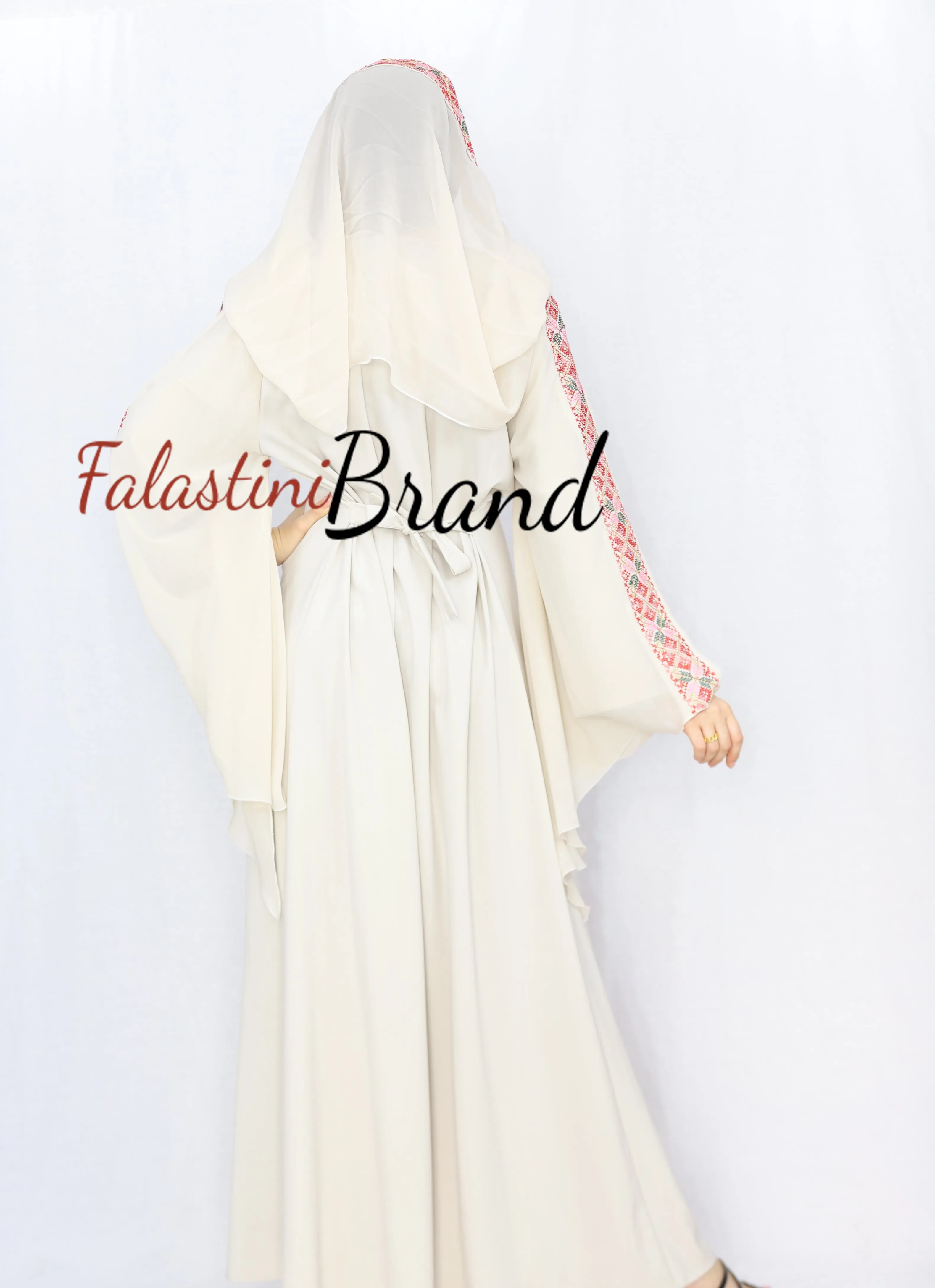 Stylish Cream Color Burgundy Stripes Palestinian Embroidered Dress Thobe