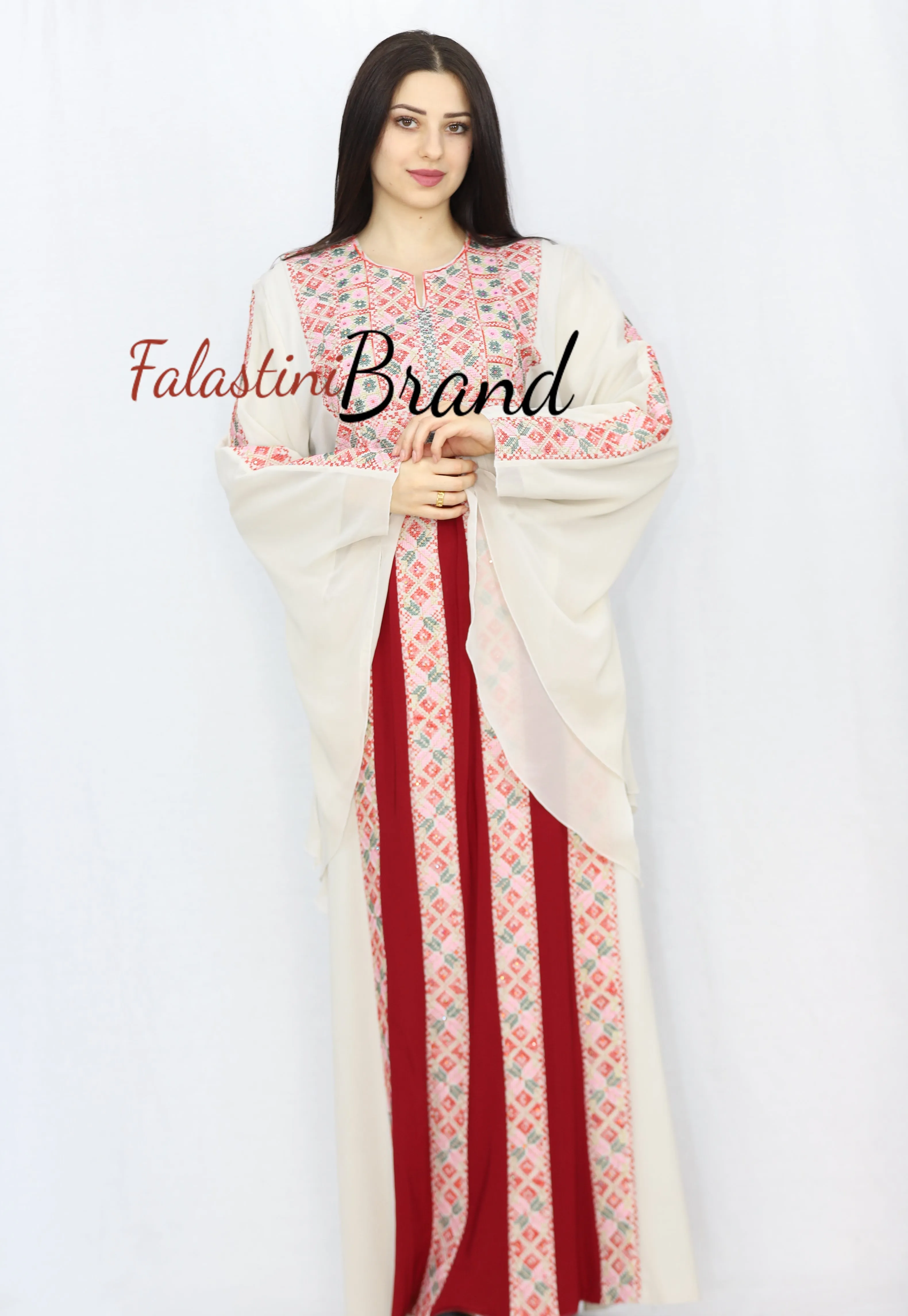 Stylish Cream Color Burgundy Stripes Palestinian Embroidered Dress Thobe