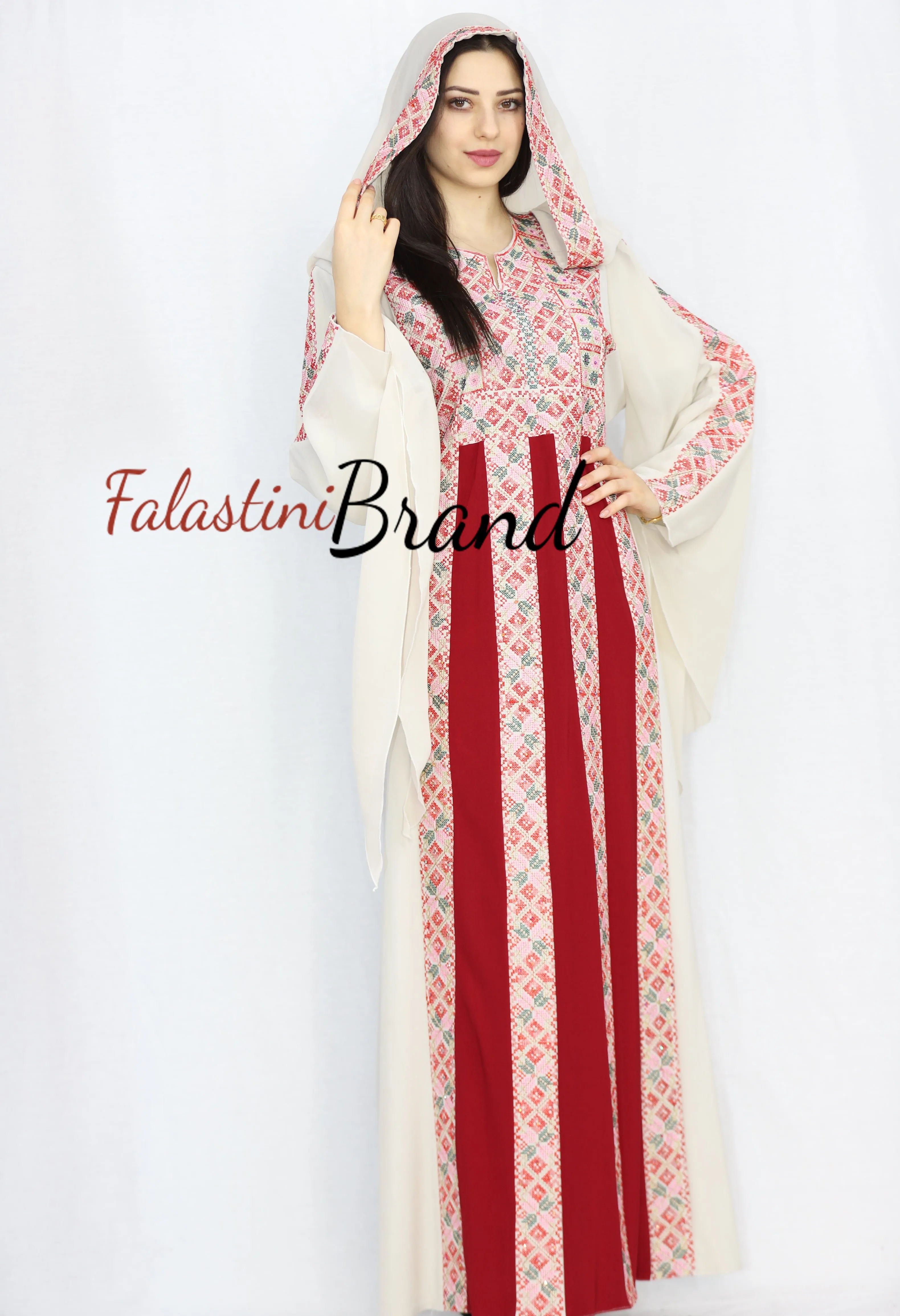 Stylish Cream Color Burgundy Stripes Palestinian Embroidered Dress Thobe