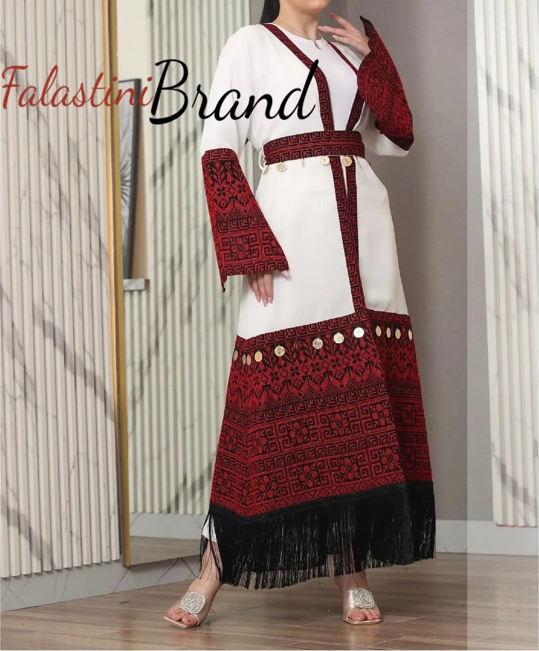 Stylish Long One Size White and Red Palestinian Embroidered Abaya With Coins