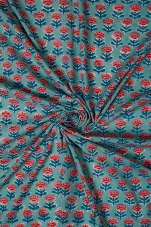 Teal Pure Cotton Bagru Hand Block Printed Fabric