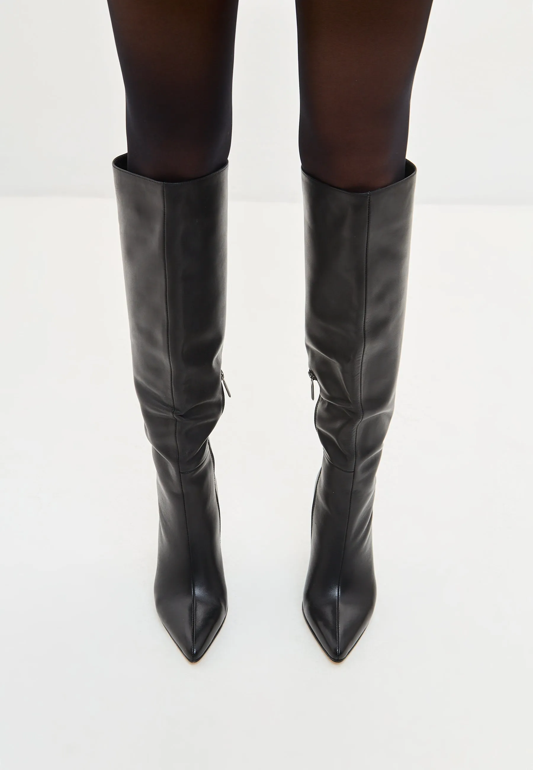 Timeless Black Leather Knee-High Boots - Sleek High Heel Footwear - Black