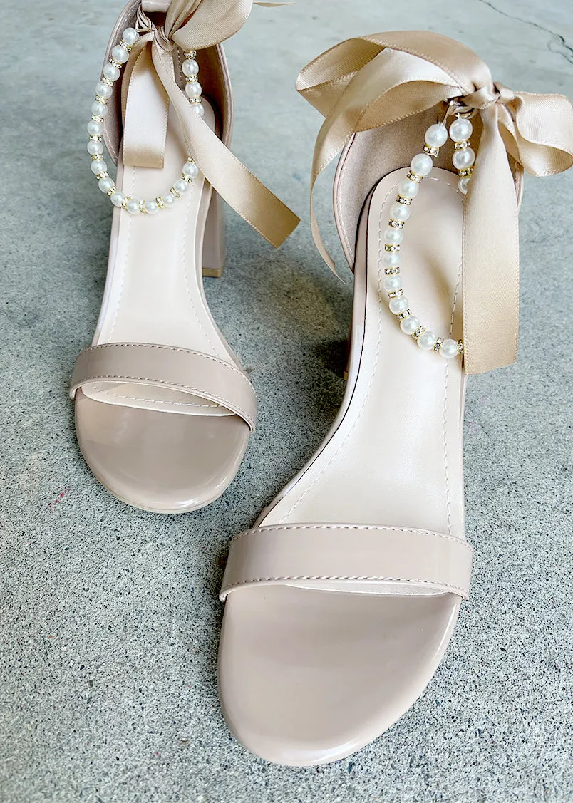 Trish Pearl Ankle Strap Heels in Patent Tan